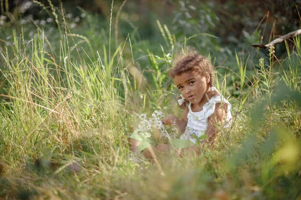 Little five year old girl sitting on a summer day in the meadow among the flowers.