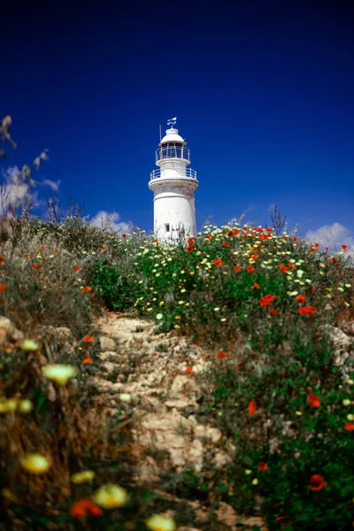 White pigeon point lighthouse with a blue sky in a sunny day