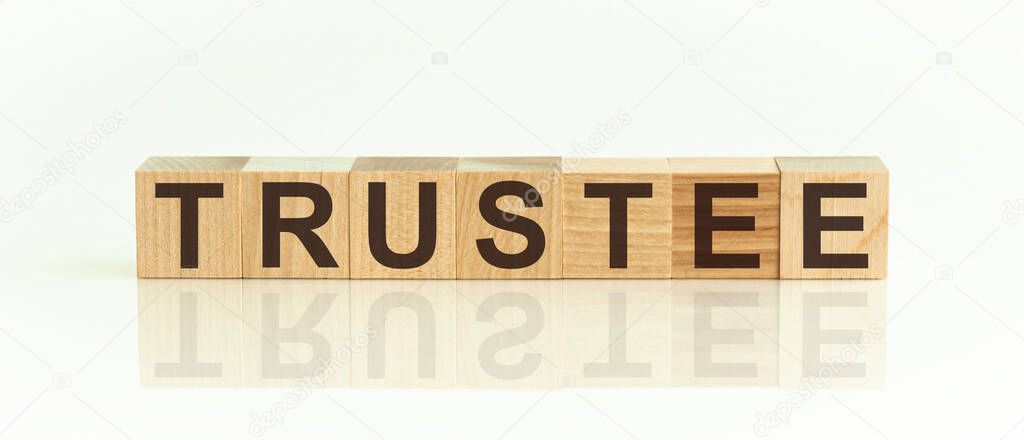 TRUSTEE - word from wooden blocks with letters, promotion code, top view on white background.Mirror image of the inscription on the surface.
