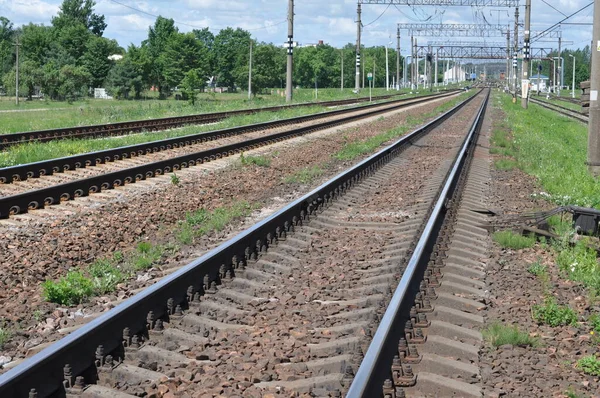 Railroad tracks going off into the distance ahead.