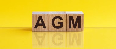 AGM - Geleneksel Genel Kurul - Sarı arka planda tahta küplerin kısaltması. İş konsepti