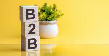 Fotokopi alanı ve iş konsepti olan sarı arkaplandaki tahta küplerden oluşan B2B kelimesi.