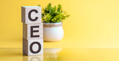 CEO sözcüğü, kopya alanı ve iş konsepti olan sarı arkaplandaki tahta küplerden oluşuyor..
