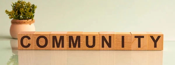 Palavra Comunitária Escrita Bloco Madeira Texto Comunidade Mesa Madeira Para — Fotografia de Stock