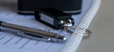 Bilgi ezberleme: kitaplar ve düzenleyici masanın üzerinde, bir depolama aygıtı ve dizüstü bilgisayara yerleştirilmiş bir tükenmez kalem, veri kaydetmek ve depolamak için yeni bir teknoloji.