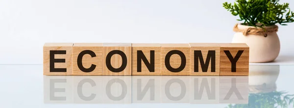 Economy Woord Geschreven Hout Blok Beslissing Tekst Houten Tafel Voor — Stockfoto