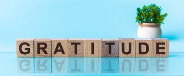 Tahta blokta minnet kelimesi yazılı. Tahta masadaki minnet metni, konseptin için. Kahverengi ahşap harflerden yapılmış minnettarlık kelimesi mavi bir masada yatıyor.