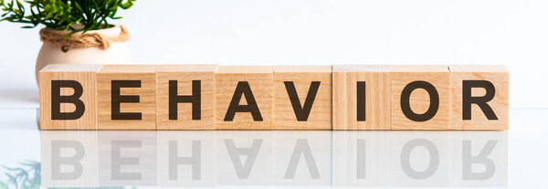 text of Behavior on cubes. Behavior message word on a wooden desk on cube blocks with a flower on background