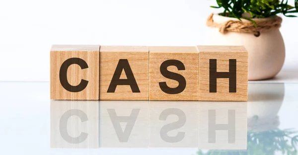 Cash motivation text on wooden blocks business concept white background. Front view concepts, flower in the background.