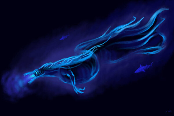 motion glowing underwater dragon with sharks are deep blue sea