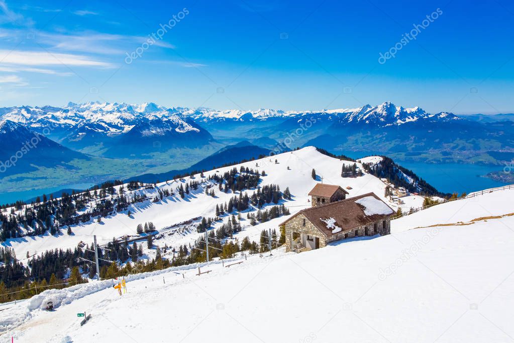Panorama of Lake Lucerne and Alps mountains from the top of Rigi Kulm, Switzerland