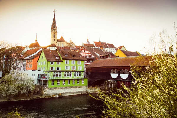 Sunset over the old town of Baden city in Switzerland — Stock Photo, Image