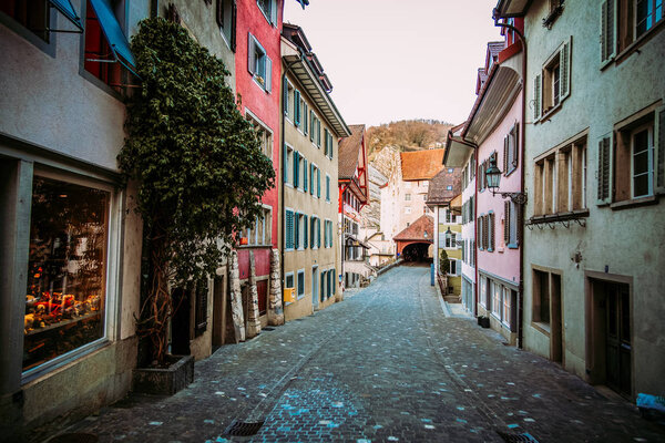 Old town street in medival city of Baden, canton Aargau in Switzerland