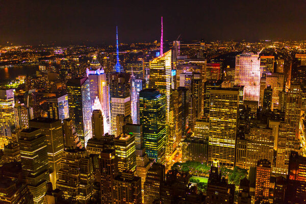 Night panorama of Manhattan in New York City taken from above, USA