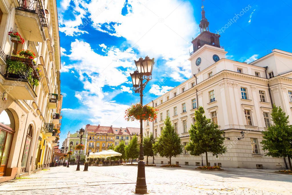 Old town square and town hall building in city of Kalisz, Poland