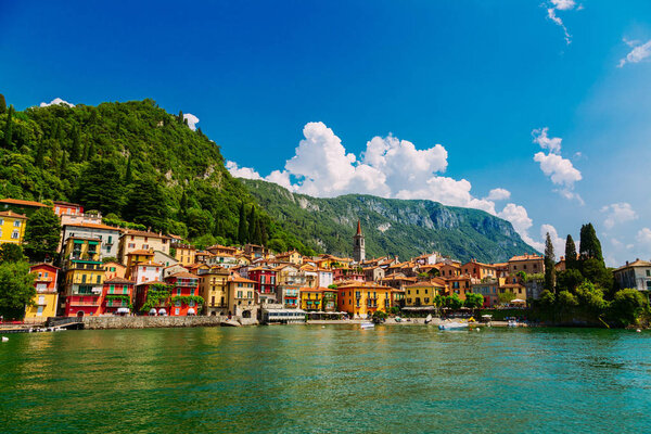 Colorful Varenna town seen from the Lake Como, Lombardy region in Italy