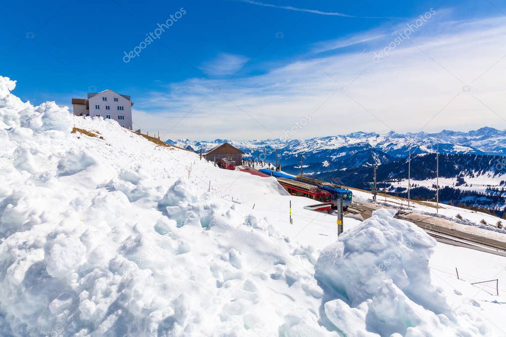 Railway station on the top of Rigi Kulm during Spring time, Switzerland