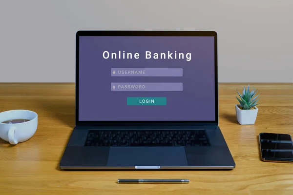 Laptop Computer Met Online Bankieren Scherm Apparaat Internetbankieren Digitale Internetbetalingen — Stockfoto