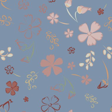 Çiçeksiz desenli narin çiçekler. Baskı, tekstil, keten, duvar kağıdı için büyük elementler. Ambalaj kağıdı için güzel bir model. Vektör Vahşi Çiçekler. Renkli Modern Uyum.