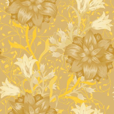 Büyük Çiçekli Çiçeksiz Desen. Aster, Bluebell ve kumaş etek masa örtüsü için nilüfer çiçekleri. Klasik Şablon. Renkli uyum. Vektör Kusursuz Çiçekler.