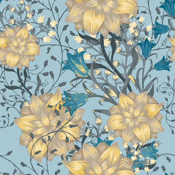Floral Seamless Pattern with Big Flowers. Ornament with Aster, Bluebell and May-lily for Dress Shirt Cloth. Colorful Rapport. Vector Seamless Flowers. Vintage Pattern.