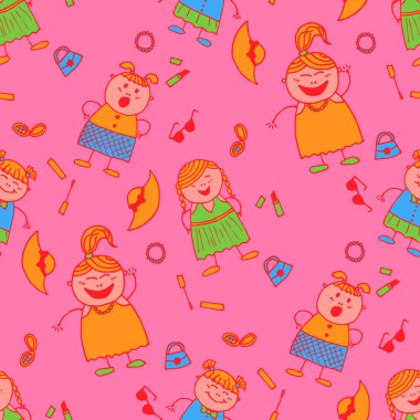 Moda elementleriyle Parlak Kusursuz Arkaplan. Modern çocuksu giysi, keten, çocuk bezi. Moda tarzında saf bir doku. Elleri Çizilmiş Kızlarla Kusursuz Desen. Vektör Kız Deseni.
