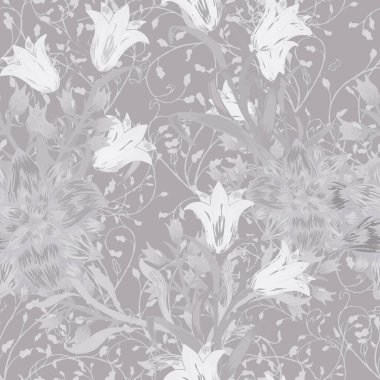 Büyük Çiçekli Çiçeksiz Desen. Aster, Bluebell ve mayıs zambağı ile süsleme tişörtü. Vektör Kusursuz Çiçekler. Klasik Şablon. Renkli Uyum.