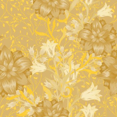 Büyük Çiçekli Çiçeksiz Desen. Elbise Gömleği Masa örtüsü için Aster, Bluebell ve Mayıs-zambağı ile süsleme. Vektör Kusursuz Çiçekler. Klasik Şablon. Renkli Uyum.