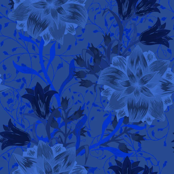 Floral Seamless Pattern Mit Großen Blumen Ornament Mit Aster Blauglocke — Stockvektor