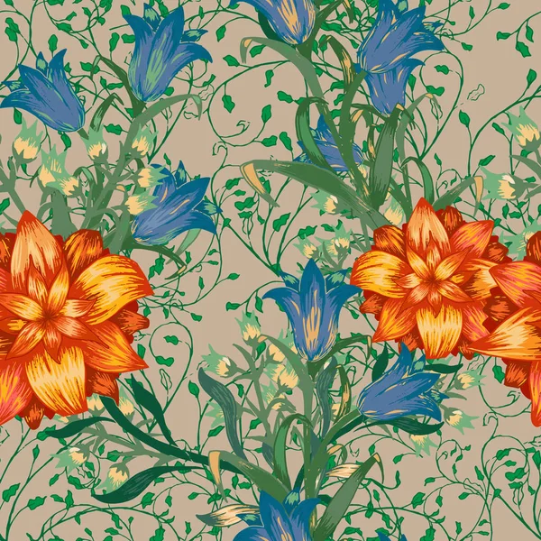 Floral Seamless Pattern Mit Großen Blumen Ornament Mit Aster Blauglocke — Stockvektor