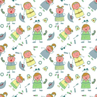 Moda tarzında saf bir doku. Elleri Çizilmiş Kızlarla Kusursuz Desen. Modern çocuksu giysi, keten, çocuk bezi. Moda elementleriyle Parlak Kusursuz Arkaplan. Vektör Kız Deseni.