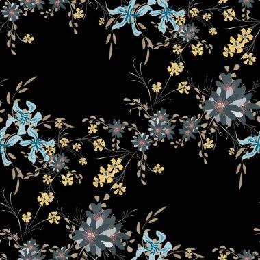 Menekşeli ve papatyalı desensiz çiçek deseni. Matbaa, Tekstil ve Çarşaf İçin Küçük Elementler. Ambalaj kağıdı için güzel bir model. Vektör Vahşi Çiçekler. Retro Biçiminde Renkli Uyum.