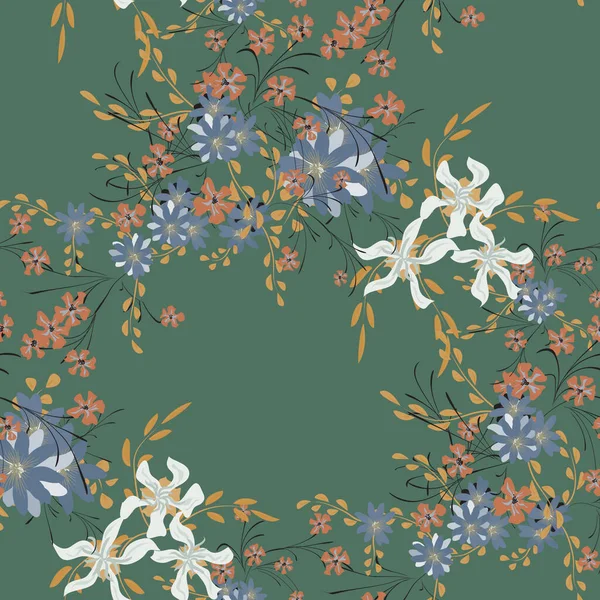 バイオレットとデイジーの花と花のシームレスなパターン リネンのための小さな要素 紙を包むための美しいパターン ベクトル野生の花 レトロなスタイルでカラフルなレポート — ストックベクタ