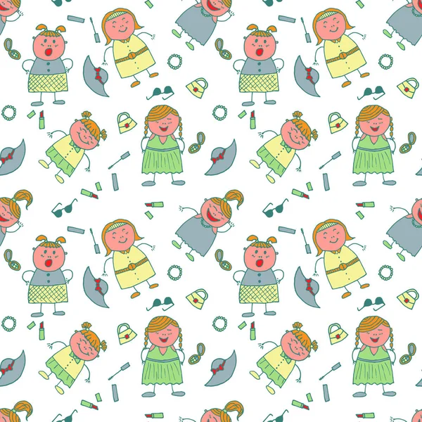 Moda tarzında saf bir doku. Elleri Çizilmiş Kızlarla Kusursuz Desen. Modern çocuksu giysi, keten, çocuk bezi. Moda elementleriyle Parlak Kusursuz Arkaplan. Vektör Kız Deseni.