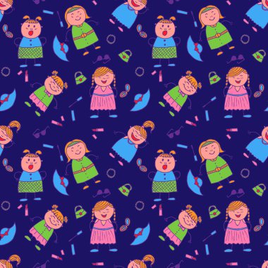 Moda elementleriyle Parlak Kusursuz Arkaplan. Modern çocuksu giysi, keten, çocuk bezi. Elleri Çizilmiş Kızlarla Kusursuz Desen. Moda tarzında saf bir doku. Vektör Kız Deseni.