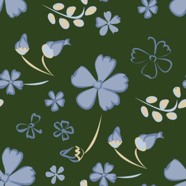 Çiçeksiz desenli narin çiçekler. Baskı, tekstil, keten, duvar kağıdı için büyük elementler. Ambalaj kağıdı için güzel bir model. Vektör Vahşi Çiçekler. Renkli Modern Uyum.