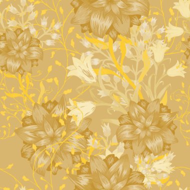 Büyük Çiçekli Çiçeksiz Desen. Etekli keten kumaş için Aster, Bluebell ve mayıs zambağı süslemeleri. Retro Desen. Vektör Kusursuz Çiçekler. Renkli Uyum.