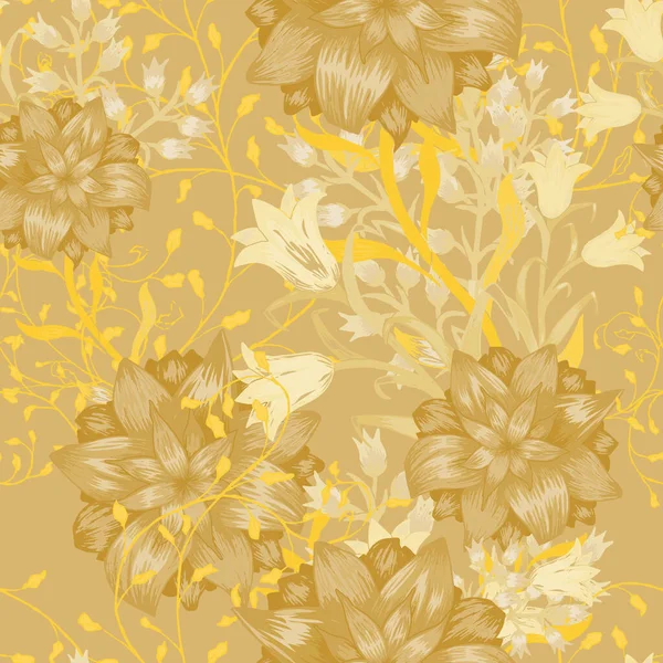 Büyük Çiçekli Çiçeksiz Desen. Etekli keten kumaş için Aster, Bluebell ve mayıs zambağı süslemeleri. Retro Desen. Vektör Kusursuz Çiçekler. Renkli Uyum.