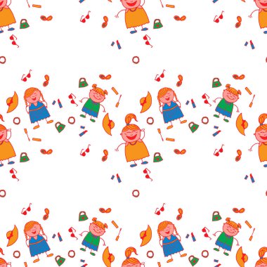 Moda elementleriyle Parlak Kusursuz Arkaplan. Moda tarzında saf bir doku. Elleri Çizilmiş Kızlarla Kusursuz Desen. Modern çocuksu giysi, keten, çocuk bezi. Vektör Kız Deseni.
