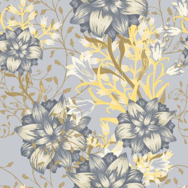 Büyük Çiçekli Çiçeksiz Desen. Aster, Bluebell ve mayo zambaklı süs mayo perdeleri için. Vektör Kusursuz Çiçekler. Klasik Şablon. Renkli Uyum.