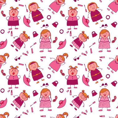 Elleri Çizilmiş Kızlarla Kusursuz Desen. Moda elementleriyle Parlak Kusursuz Arkaplan. Modern çocuksu giysi, keten, çocuk bezi. Moda tarzında saf bir doku. Vektör Kız Deseni.
