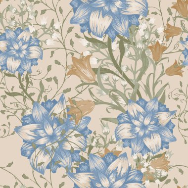 Büyük Çiçekli Çiçeksiz Desen. Aster, Bluebell ve Masa örtüsü kumaşı için mayıs zambağı süslemesi. Retro Desen. Renkli uyum. Vektör Kusursuz Çiçekler.