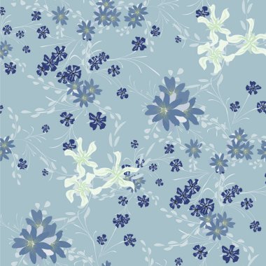 Menekşeli ve papatyalı desensiz çiçek deseni. Matbaa, Tekstil ve Çarşaf İçin Küçük Elementler. Ambalaj kağıdı için güzel bir model. Vektör Vahşi Çiçekler. Retro Biçiminde Renkli Uyum.