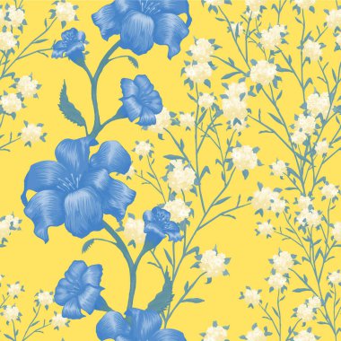 Büyük Çiçekli Çiçek Duvar Kağıdı. Fuchsia ile kusursuz desen, Bluebell ve gömlekli duvar kağıdı için mayıs zambağı. Vektör Kusursuz Çiçekler. Klasik Şablon. Renkli Uyum.