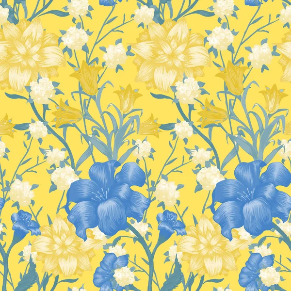 Büyük Çiçekli Çiçek Duvar Kağıdı. Fuchsia, Bluebell ve kumaş gömlek için zambak desenli kusursuz desenler. Renkli uyum. Retro Desen. Vektör Kusursuz Çiçekler.