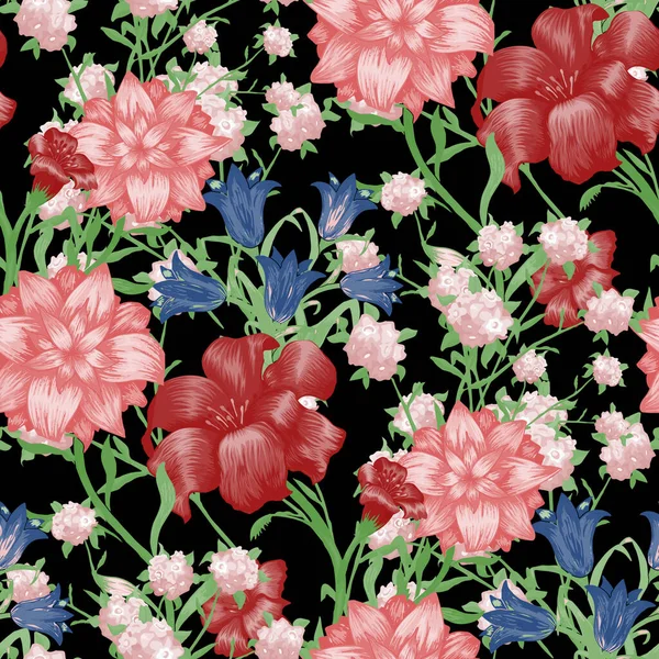 Květinová Tapeta Velkými Květinami Bezešvý Vzor Fuchsií Bluebellem Květinovou Lilií — Stockový vektor