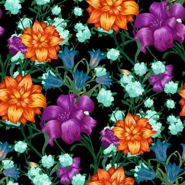 Büyük Çiçekli Çiçek Duvar Kağıdı. Fuchsia, Bluebell ve Duvar Kağıdı Keten Kumaşı için Zambak desenli kusursuz desen. Modern Düzen. Vektör Kusursuz Çiçekler. Renkli Uyum.