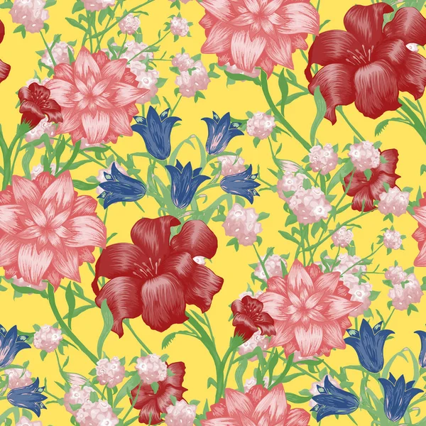 Floral Wallpaper Mit Großen Blumen Nahtloses Muster Mit Fuchsia Bluebell — Stockvektor