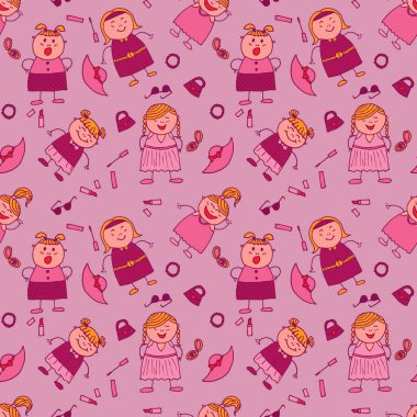 Modern çocuksu giysi, keten, çocuk bezi. Elleri Çizilmiş Kızlarla Kusursuz Desen. Moda elementleriyle Parlak Kusursuz Arkaplan. Moda tarzında saf bir doku. Vektör Kız Deseni.