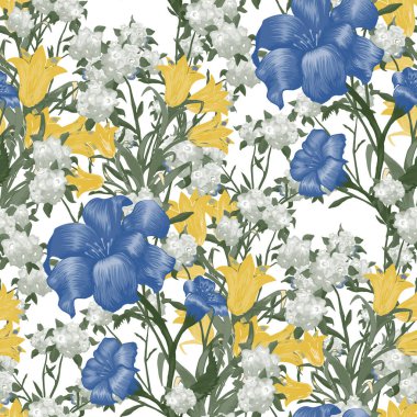 Büyük Çiçekli Çiçek Duvar Kağıdı. Fuchsia, Bluebell ve Skirt Linen Print için nilüfer desenli kusursuz desen. Renkli uyum. Modern Düzen. Vektör Kusursuz Çiçekler.